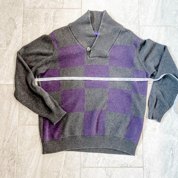Alan Flusser Gray and Purple Checkered Long Sleeve Sweater Cowl Neck Collar Med - Picture 6 of 8